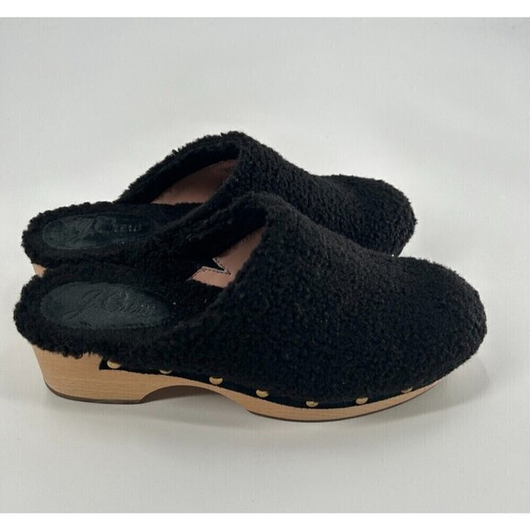 J. Crew Women's Size 9 Black Sherpa Heeled Clogs Wooden Sole Heel Boho Sherpa - Picture 2 of 13